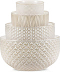 KooK Ceramic Mixing Bowls, Nesting Set of 4, Embossed Kitchen Dishware, Prep, Serving, Gift, Microwave and Dishwasher Safe, 20/44/98/145 oz, Narbonne Collection (Ivory)