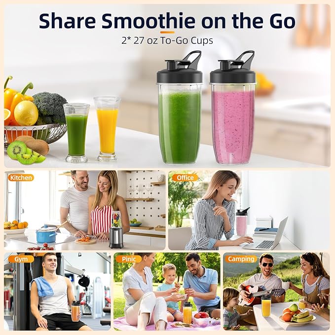 1500W Smoothie Blender, 2×27oz Portable Cups, for Shakes & Ice Crush