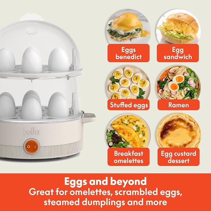 bella 14-Egg Capacity Cooker & Steamer, Double Stack, 360 Watt, Oatmilk