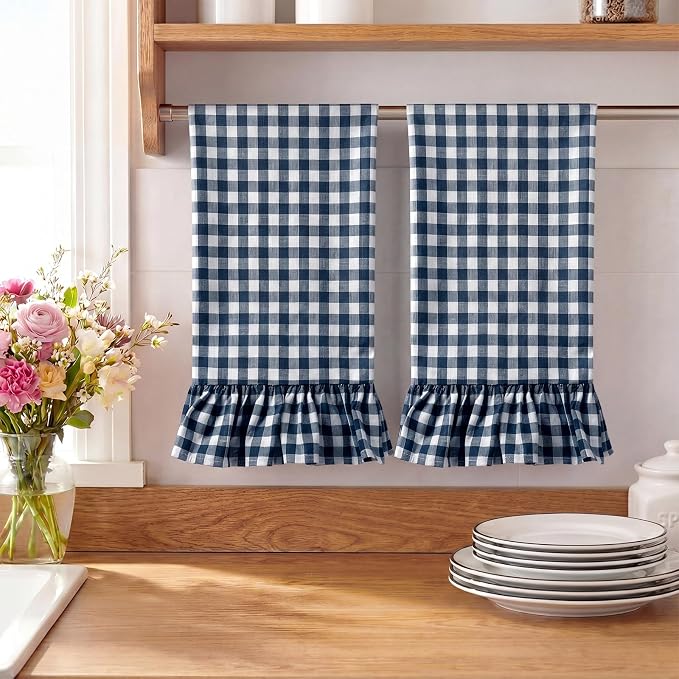 HunnmingRe 2 Pcs Navy Blue Gingham Kitchen Towels Cotton Ruffled | Checked Dish Towels 18"x28" Tea Cloths Plaid Cottage Core Kitchen Decor for Farmhouse Charm Drying Dishes Entertaining Guests