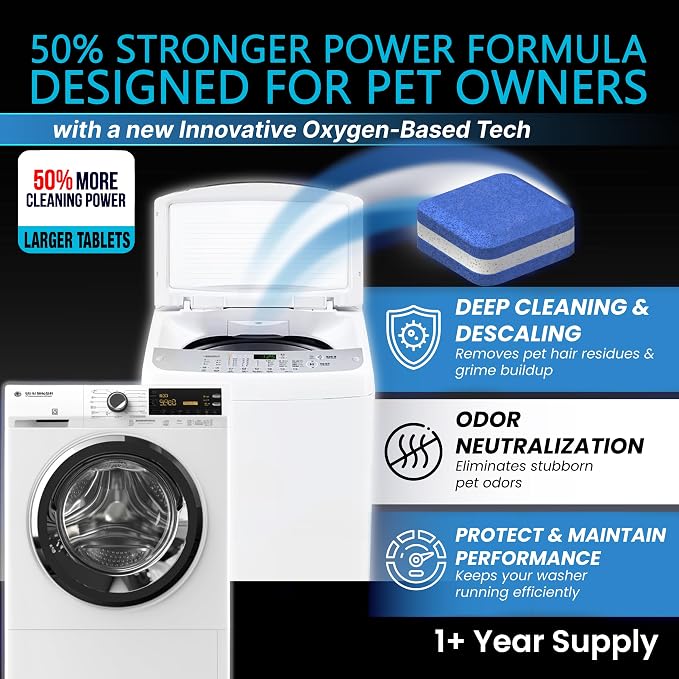 Washing Machine Cleaner New Ultra Pro Tablets, 50% Stronger for Pet Owners | 28 Pack, Remove Tough Pet Hair, Deep Cleaning, Odor, Residue, Grime, No Dander Buildup, Septic Tank Safe, HE Front & Top Load
