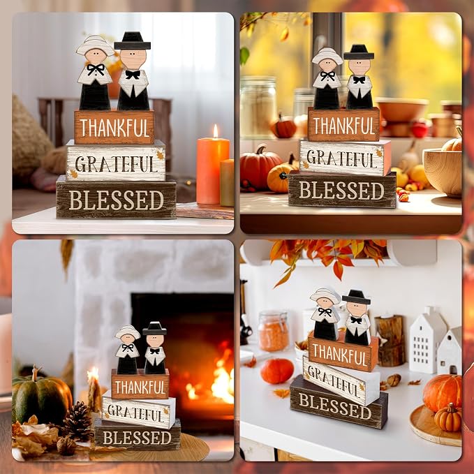 Lineshading 4 Pcs Wooden Fall Pilgrim Block Signs Tabletop Decor | Thanksgiving Home Decorations, Rustic Tiered Tray Accents, Thankful Grateful Blessed Text, Pilgrim Couple Figurines