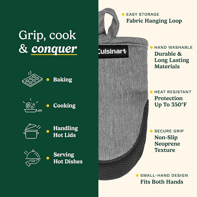 Cuisinart Mini Oven Mitts, 2-Pack, Neoprene Grip, Heat Resistant 350F | Cotton-lined, non-slip neoprene palm, ambidextrous design, ideal for smaller hands and everyday cooking