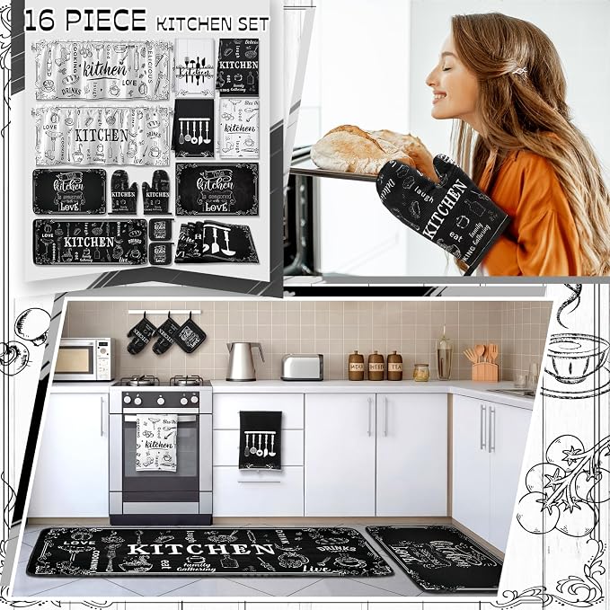 Fourluoo 16 Pcs Black White Kitchen Towel Rug Set Modern Decor | Non Slip Kitchen Rugs Mats, Oven Mitts Pot Holders Curtains, Farmhouse Home Decor Accessories, Housewarming Gift