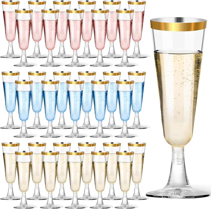 200 Pack Plastic Champagne Flutes with Gold Rim, 5.5 Oz Clear Disposable Plastic Champagne Glasses, Wine Glasses Cups for Wedding Celebration Birthday Party Wine Tasting New Years Eve Party Supplies
