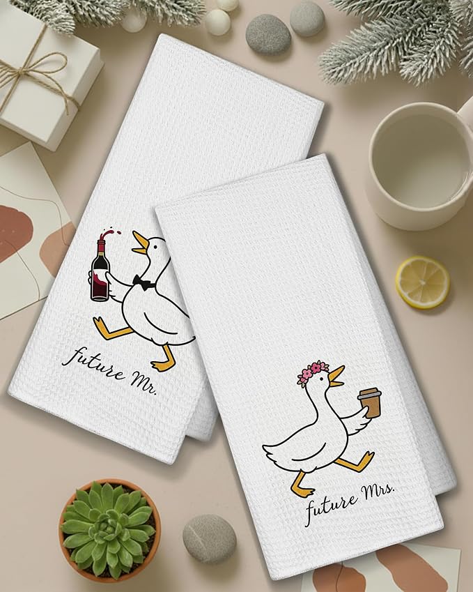 Funny Goose Couple Kitchen Towels, Engagement Newly Engaged Gifts Dish Tea Towels for Kitchen Decor, Future Mr and Mrs Gifts Decorative Hand Towel for Bathroom, 16x24 Inch Set of 2