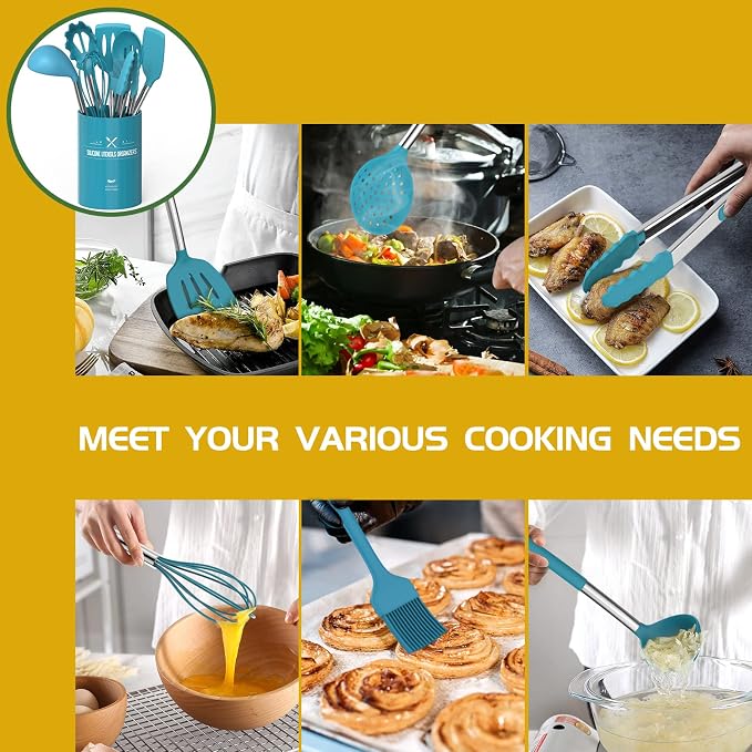 15 Pcs Silicone Cooking Utensils Kitchen Utensil Set - Umite Chef 446°F Heat Resistant Stainless Steel Handles Kitchen Gadgets Tools Set for Nonstick Cookware(Blue)