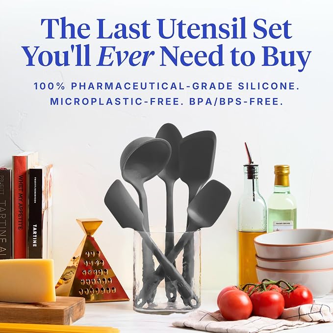 GIR 5-Piece Silicone Kitchen Utensils Set, Non-Toxic Cooking Utensils for Cooking and Baking, Heat Resistant, Food Grade, Dishwasher Safe Rubber Spatula, Ladle, Spoon - Charcoal