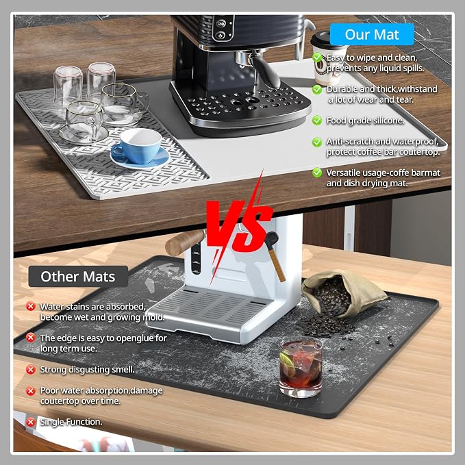 Silicone Coffee mat 24''x16'' – Non-Slip Bar Mat with Detachable Drying Layer for Espresso Machines, Countertops & Dish Racks