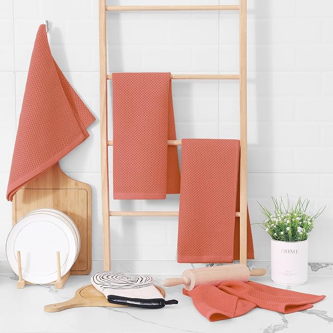 Homaxy 100% Cotton Waffle Weave Kitchen Dish Towels 12-Pack, Coral | 13 x 28 Inches, Ultra Soft Absorbent Dish Towels, Quick Drying Cleaning Towels