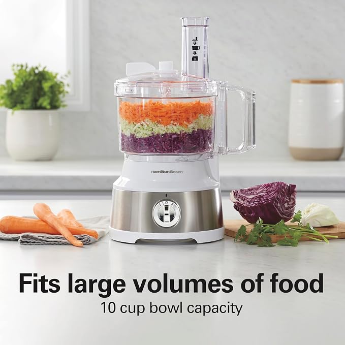 Hamilton Beach 10 Cup Food Processor & Vegetable Chopper | For Slicing, Shredding, Mincing, and Puree | Easy Clean Bowl Scraper Attachment | White and Stainless Steel | 70733J
