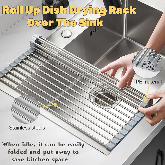 Roll Up Dish Drying Rack, 21.3" x 15.8" Over The Sink Dish Drying Rack, Dish Drying Rack for Kitchen Sink Counter Storage (Grey)