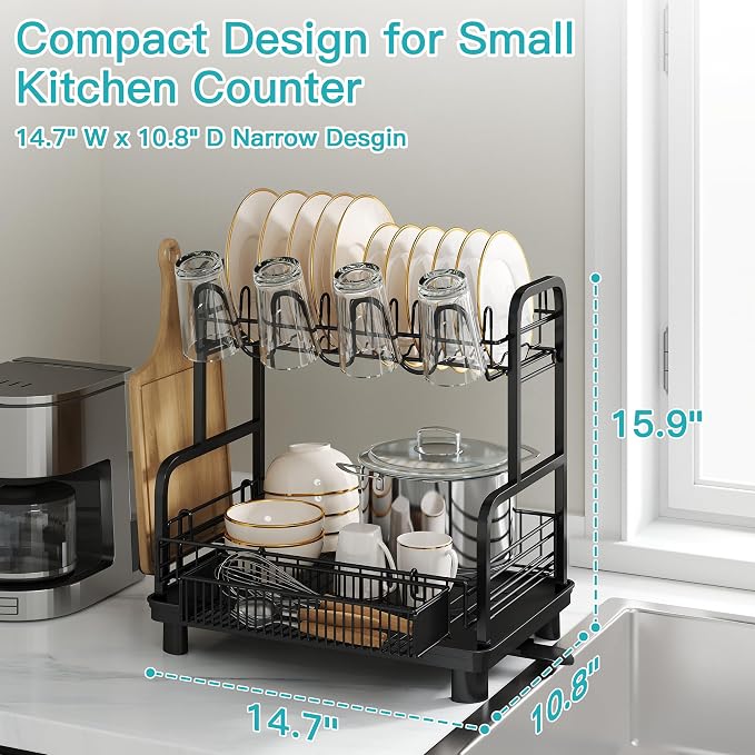 2 Tier Black Dish Drying Rack and Drainboard with Utensil Holder | Dish Drainer with Drainboard, Cups Holder for Small Kitchen, Space Saving, Rustproof, Auto Drain, Fits for 1-2 People
