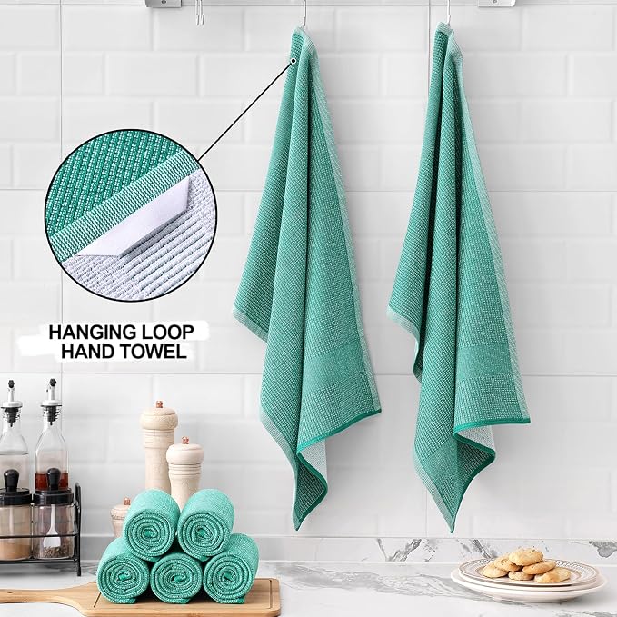 Homaxy 380 GSM Cotton Premium Kitchen Towels 6 Pack, 18"x 28", Green | Flat and Terry Dish Towels, Highly Absorbent Tea Towel Set with Hanging Loop, Soft Utility Kitchen Hand Towels