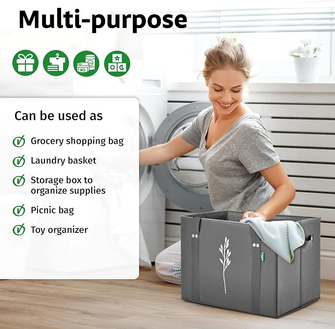 Green Bulldog Reusable Grocery Bags - Heavy Duty Reusable Shopping Tote Bags W/Long Handles, Foldable & Collapsible, Holds Up to 65 lbs - for Kitchen, Picnic 3 Pack