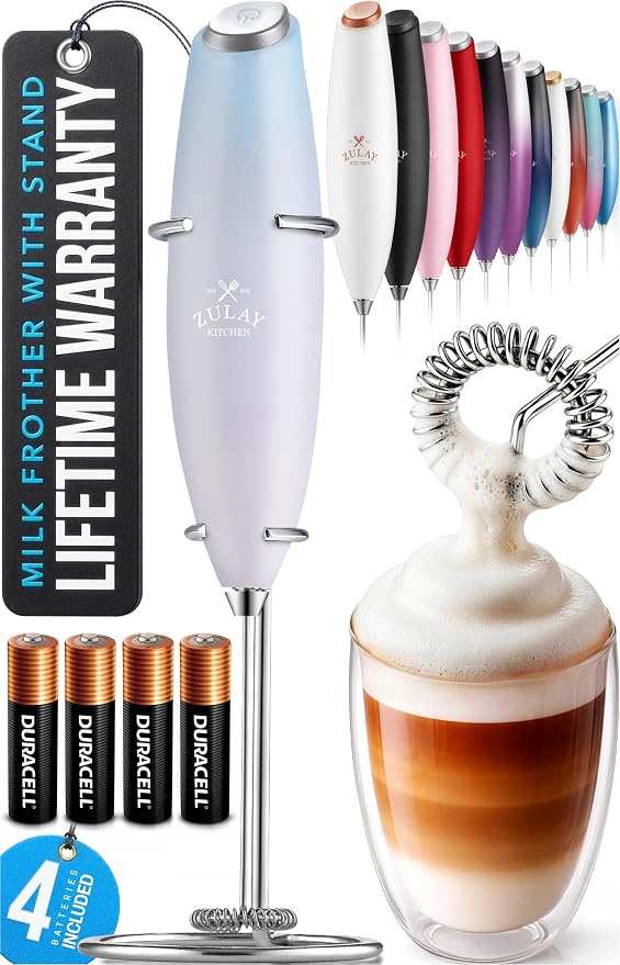 Zulay Kitchen Powerful Milk Frother Wand With Duracell Batteries - Ultra Fast Handheld Drink Mixer - Electric Whisk Foam Maker for Coffee, Lattes, Cappuccino & Matcha - Z1 Motor - Cloud