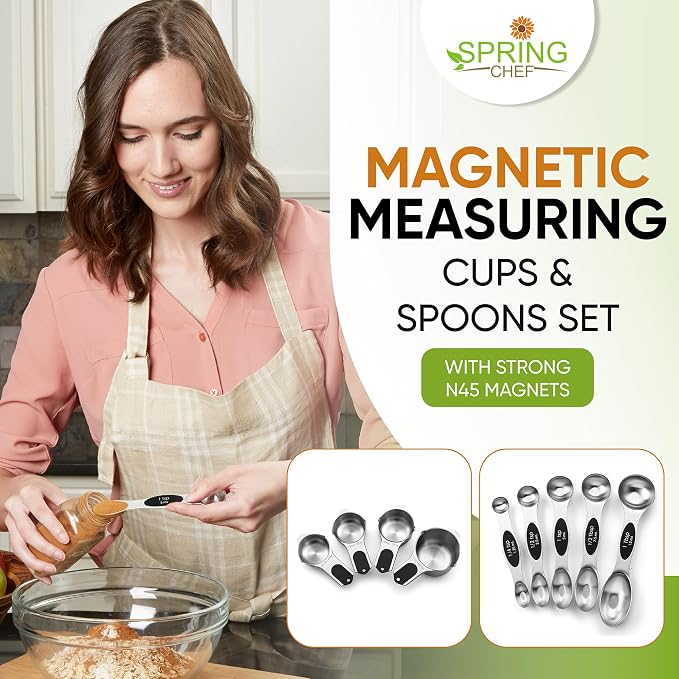 Spring Chef Magnetic Measuring Cups & Spoons Set of 9, Patented, Black | Stackable Stainless Steel Measuring Cups & Heavy Duty Metal Measuring Spoons with Levelers for Dry & Liquid Ingredients