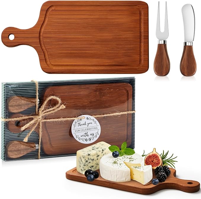 1 Set Bridal Shower Favor Prizes Charcuterie Board,Carbonized Color | Wood Cheese Board with Knife Fork Thank You Tag, Gift Box for Guests, Valentines Wedding Baby Shower Party Favors