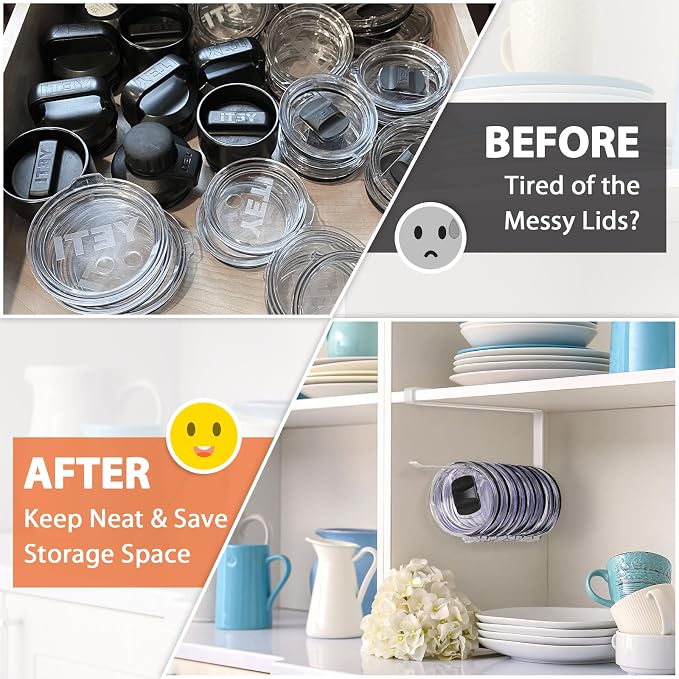 Tumbler Lid Organizer, Versatile Tumbler Lid Storage Holds 10 Lids, White | Space Saving Cup Lid Organizers Inside Cabinet Tumbler Lid Hook for Kitchen Organizer and Storage, Paper Towel Rack Hanger