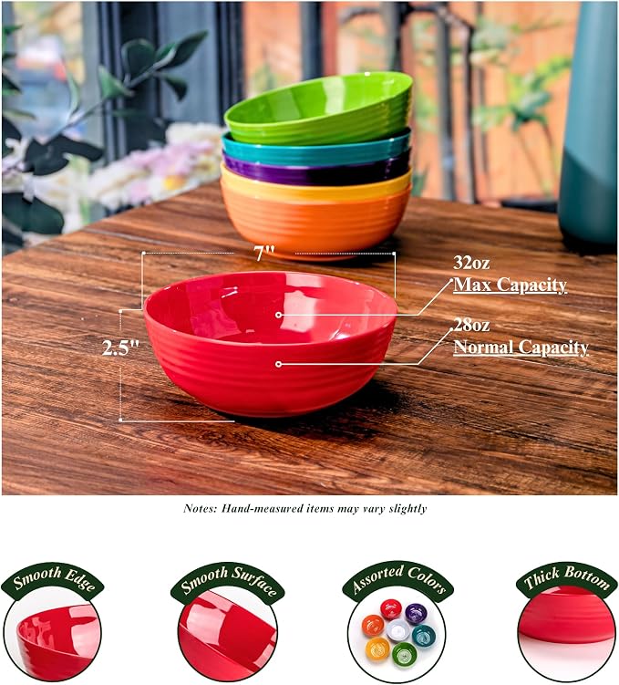7-Inch Multicolor Melamine Bowls (Set of 6) - Unbreakable and Reusable Plastic Dinnerware with Ceramic Feel, Stackable and Dishwasher-Safe - Versatile for All Meals-Multi-color