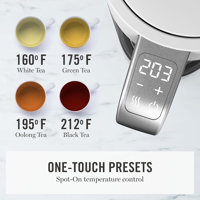 Martha Stewart 1.7L Glass Carafe Electric Kettle with Removable Tea Infuser | 7 Cups, 4 Presets, Rapid Boiling, Stainless Steel Tea Leaf Infuser, Cordless Swivel Base, Keep Warm, Auto Shut-Off, Linen
