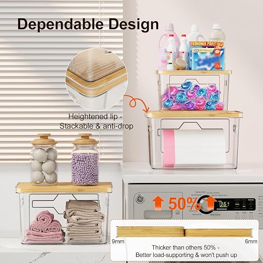 2 Pack Trash Bag Holder with Bamboo Lid, Stackable Acrylic Trash Bag Dispenser Roll Holder Under Sink, Plastic Container Garbage Bags Storage Organizer for Kitchen, Pantry, Laundry Room Organization
