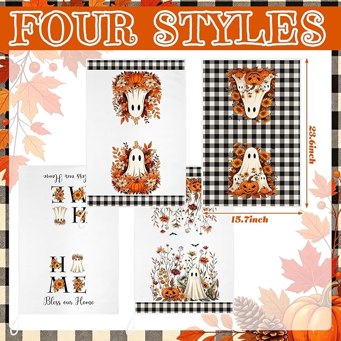 4 Pcs Fall Kitchen Towels, Ghost Pumpkin Hand Dish Clothes Gifts | Absorbent Fast Drying Decorative Towels, Buffalo Plaid Farmhouse Halloween Kitchen Decor, Housewarming Gifts