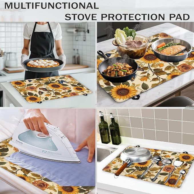 Vintage Sunflower Stove Top Covers for Electric Stove,Rustic Rose Butterfly Glass Top Stove Cover, Heat Resistant Range Covers for Electric Stove,Washable Countertop Mat, 28 x 20 Inch
