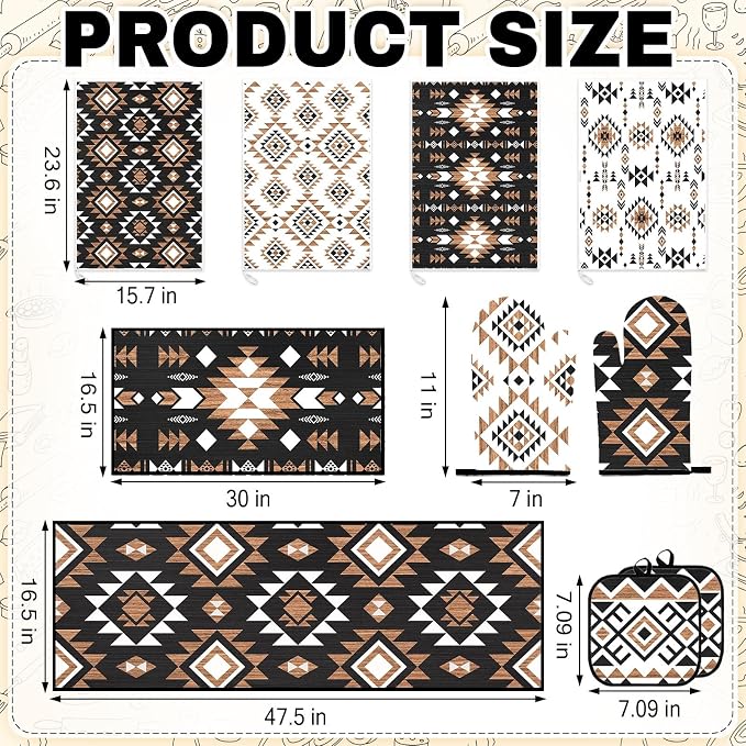 10 Pcs Kitchen Decor and Accessories Set, Western Boho | Aztec Tribal Geometric 4 Dish Towels Kitchen Rugs 2 Oven Mitts 2 Pot Holders, Home Decor for Cooking Baking BBQ Housewarming