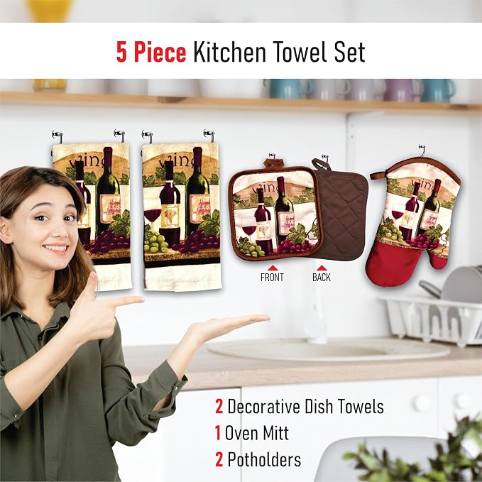 Wine Lover's 5-Piece Kitchen Towel Set | Kitchen Towel Set with 2 Decorative Dish Towels (25 X15), 1 Oven Mitt (11 X 7) and 2 Potholders (6.5 X 6.5)