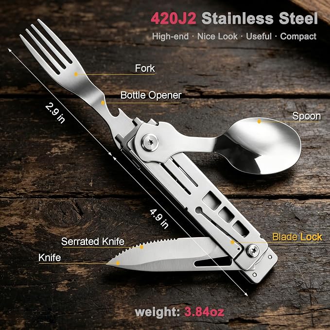 5-in-1 Camping Utensils Set with Pouch Folding Fork Spoon Knife | Detachable Travel Pocket Cutlery Combo, Portable Flatware for Picnic Outdoor, Grill Barbecue BBQ Tongs, 420J2 Stainless Steel