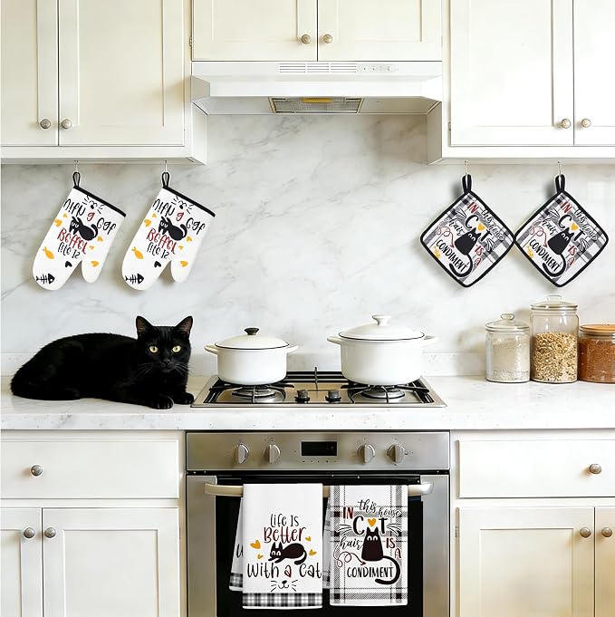 8 PCS Black Cat Decor Kitchen Decor and Accessories - 4 Dish Towels Set 2 Oven Mitts and Pot Holders Sets for Cat Lover Cooking Baking Cute Kitty Kitten Plaid Lightweight