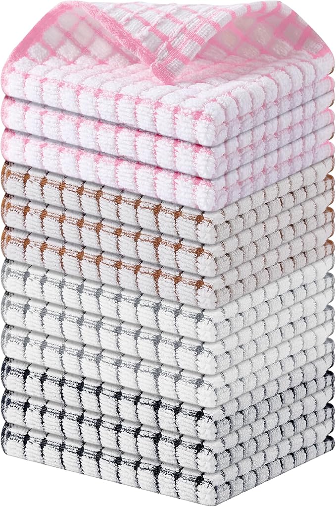 Kitinjoy Cotton 12 Pack Terry Kitchen Dish Cloths, Mix Color | 12 x 12 Inches Super Soft and Absorbent Dish Rags, Quick Drying Dish towels for Washing Dishes