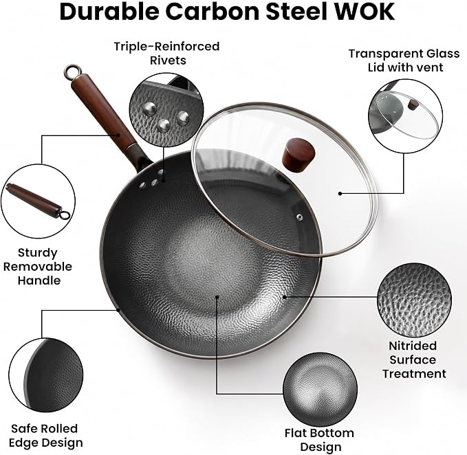 13 Inch Carbon Steel Wok with Lid, Large Flat Bottom Woks & Stir-Fry Pan | Large Chinese Wok Pan, 6.45QT, Nitrided Carbon Steel, No Chemical Coating, For All Stoves