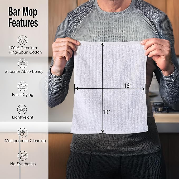 Bar Towels - 16" x 19" Bar Mop Cleaning Dish Rags, 6-Pack | Dish Towels, Premium Ring-Spun 100% Cotton Dish Cloths, Super Absorbent Kitchen Towels, Bar Mop Towels, (White)