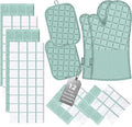Oven Mitts Pot Holders Sets/Kitchen Towels and Dishcloths, Oven Gloves Kitchen Dish Towels 500 Degree Heat Resistant Potholders with Non-Slip Silicone Surface for Cooking, Grilling, Baking-Mint Green