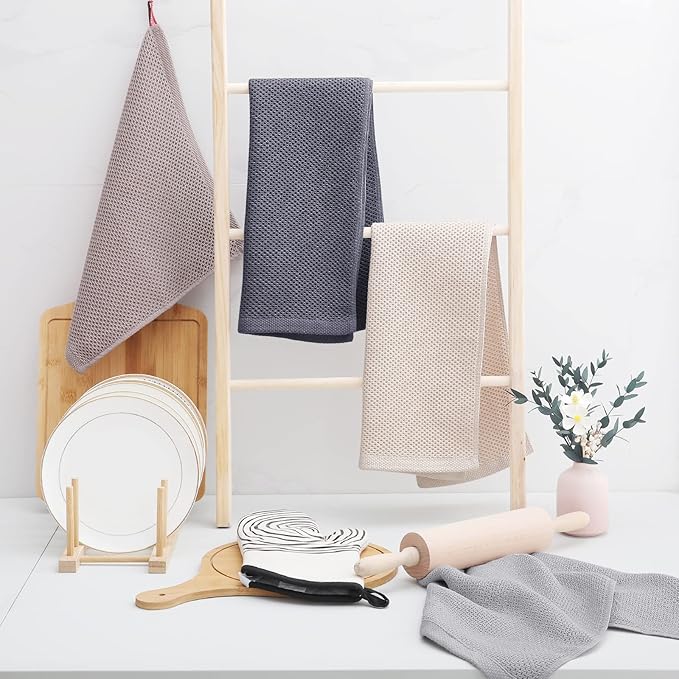 Homaxy 100% Cotton Waffle Weave Kitchen Dish Towels 4-Pack, Dark Grey | 13 x 28 Inches, Ultra Soft Absorbent Dish Towels, Quick Drying Cleaning Towels