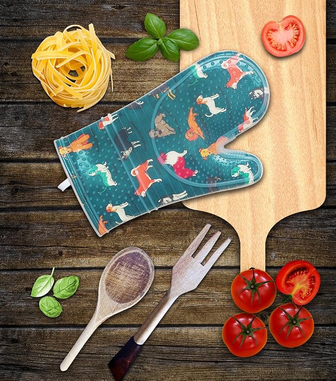 Oven Mitts with Transparent Clear Silicone Shell and Nice Dog Printing | Potholders Cotton Lining Set of 2, Heat Resistant to 500 F Kitchen Oven Gloves for Cooking (Blue Dog, Potholders)