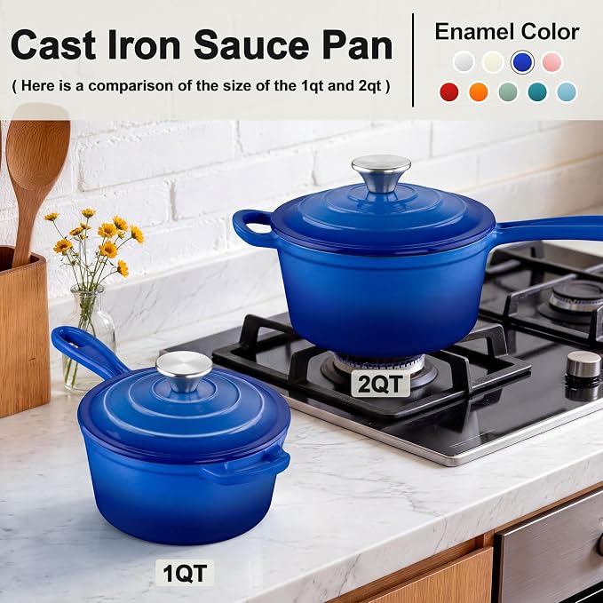 Leonyo 1Qt & 2Qt Saucepan Set, Cast Iron Dutch Oven Kitchen Pot, Dark Blue | For All Cooktops Cooking Pasta, Milk, Oatmeal - Up to 500°F & Nonstick