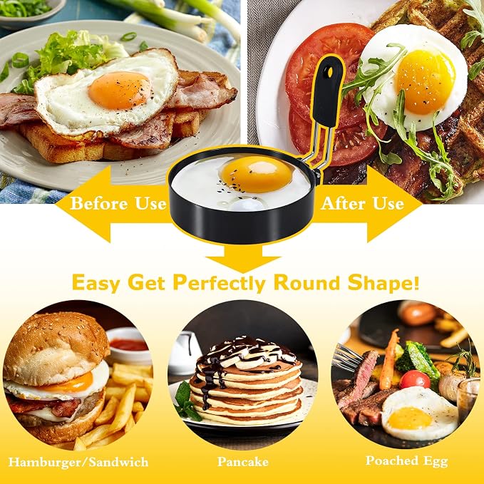 2-Pack Round+Square Egg Rings Set with Silicone Handle, Stainless Steel Egg Cooking Rings，Nonstick，For Frying Eggs and English Muffins Pancake, Egg Mold Shaper For Breakfast