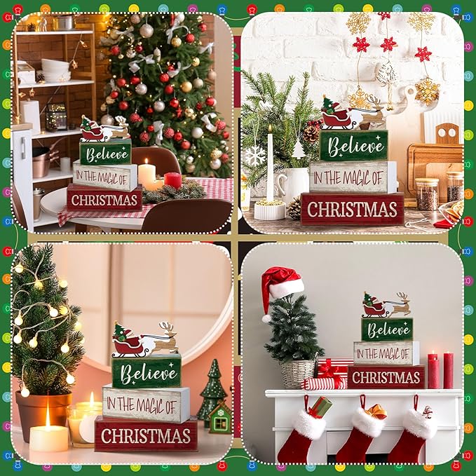 Lineshading 4 Pcs Christmas Table Decorations Wooden Stacked Block Santa | Rustic Farmhouse Block Sign with Believe Message, Tiered Tray Decor for Home Shelf, Xmas Decorations for Mantel Party