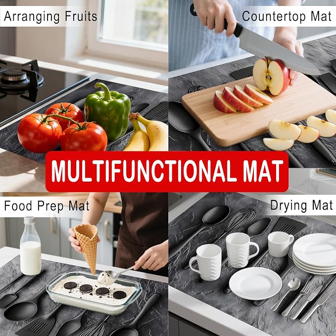 Nuxovilar Stove Top Cover Cooktop Mat 28.3x20.4in Polyester Diatom | Electric Guard Range Countertop Pad Burner Protection Sheet Kitchen Decor Cooking Space Home Accent (Black Utensils)