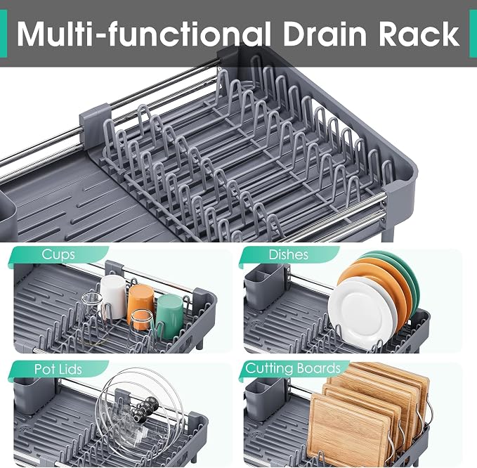 TOOLF Expandable Dish Drying Rack with Cutlery Holder, Standard, Grey | Over or In Sink Stainless Steel Dish Drainers for Compact Kitchen, Space Saving, Fast Drain, Rustproof, For 1-3 people