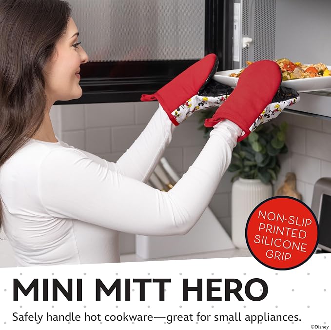Disney Mickey & Minnie Mini Oven Mitts, 2-Pack, Heat Resistant 450F | Compact 5.5"x7.5" pot holders for kitchen, printed silicone offers non-slip grip, ambidextrous, hand wash or spot clean