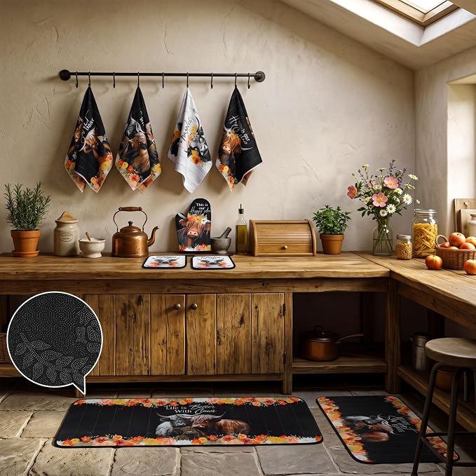 Fourluoo 10 Pcs Highland Cow Flowers Kitchen Decor Set Kitchen Towels and Rugs Oven Mitts and Pot Holders Farmhouse Rustic Decor Set for Cooking Baking Grilling Women Mom Gift