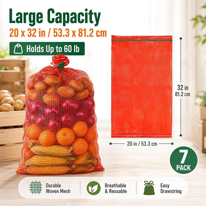 Sukh 7 PCS Large Mesh Onion Bags - 60 lb Capacity Mesh Storage Produce Bags | Hanging Reusable Breathable Vegetable Net Sacks with Drawstring for Onions, Potatoes, Citrus and Crawfish, 20 x 32 Inch, Red