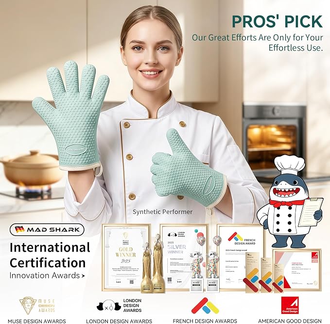 MAD SHARK Silicone Oven Mitts with Fingers Heat Resistant 450°F in Kitchen | Waterproof & Non-Slip Oven Gloves,Cotton Lined Silicone Kitchen Mitts for Baking Cooking Barbecue,Women (Green)