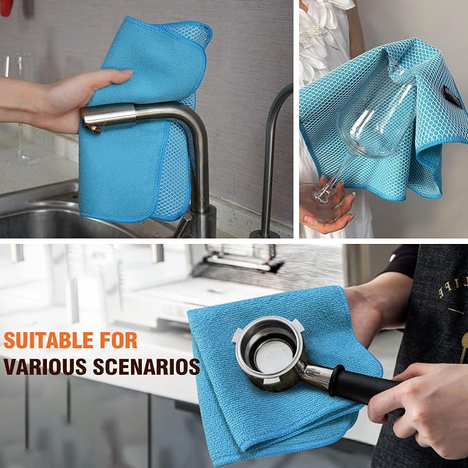 Dish Cloths for Washing Dishes with Scrub Side, Microfiber Dish Rags | Dual-sided microfiber dish cloths with scrubber for stuck-on food, quick dry kitchen washcloths 9 Pack, 12" x 12 Inch Blue