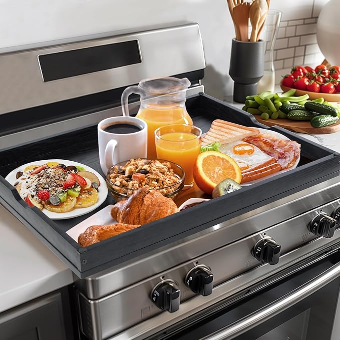 WOLKI Noodle Board Stove Cover for Stoves, Wooden Cover Built-in Handles | 30"L x 22"W x 2.4"Th Heavyweight Stove Top Cover For Gas Burners & Electric Stove, Serving Tray, Space Saver, Black