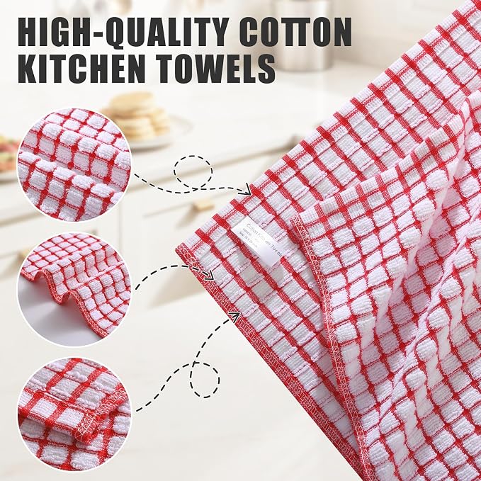 Mordimy Premium Cotton Kitchen Towels 16"x 25", Red Check Design, 8 Pack | Super Absorbent Terry Kitchen Hand Towels, Large Natural Ring Spun 360 GSM Dish Towels, Soft Tea Towels with Hanging Loop